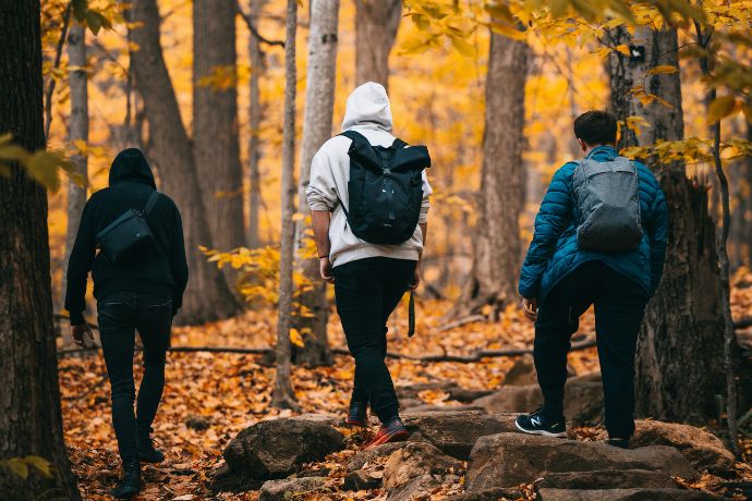 A group of people walking through a forest, Mont Saint-Hilaire, Canada
