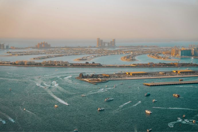 Dubai skyline with a large, blue water feature