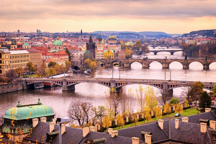 Czech Republics Spectacular Sunset View Of Prague Bridge Photo Background