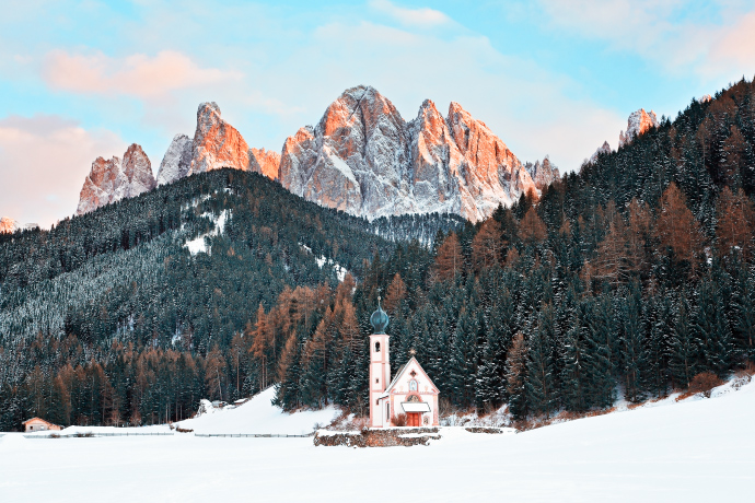 Dolomites Italy Alpine Winter Destination with Snowy Mountains and Church View