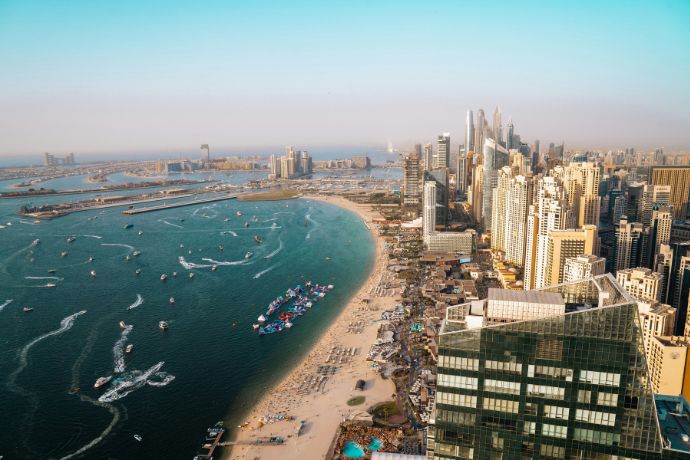 Dubai's coastline and cityscape from an aerial view