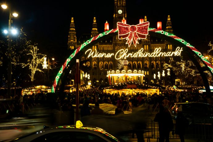 Night view of a christmas market with lights in Vienna, Austria